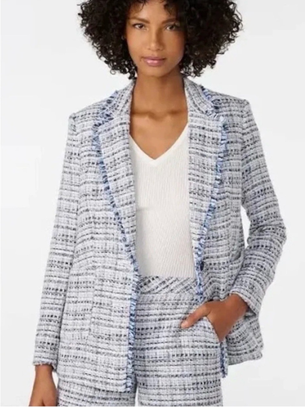 Karl Lagerfeld Paris Blue Tweed Fringe Blazer Jacket Size 4 - Picture 2 of 11